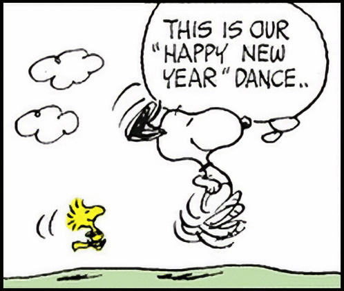 Peanuts Snoopy Woodstock Happy New Year'S Dance Except For Cats Heehee Snoopy And Woodstock GIF