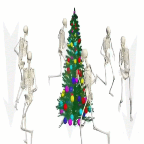 Skeletons Running Around A Christmas Tree GIF