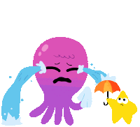 Crying Octopus With Starfish Under Umbrella Sticker