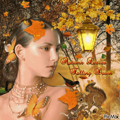 Girl In Autumn Autumn Leaves Falling Down GIF