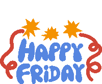 Happy Friday Yellow Stars With Red Streamers Around Happy Friday In Blue Bubble Letters Sticker